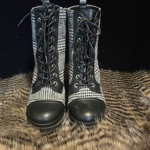 Aldo, black and white plaid print boots
